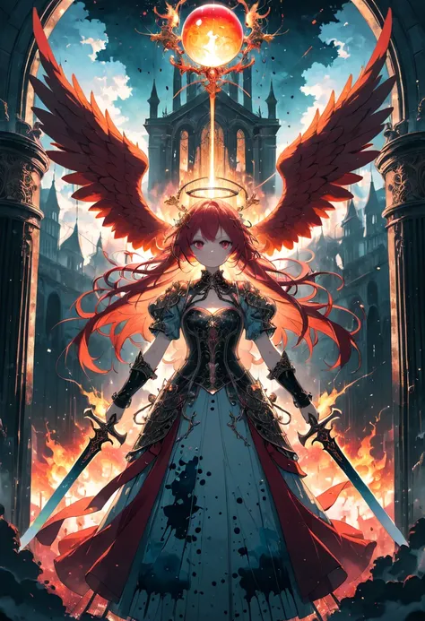 (masterpiece, best quality),(double exposure: 1.2), subtle colors, post-grunge,  paint splatters, intricate details, detailed depiction,A whimsical,(A fiery angel in front of the gates of heaven),angry eyes, holding a sword in her right hand,red wings on h...