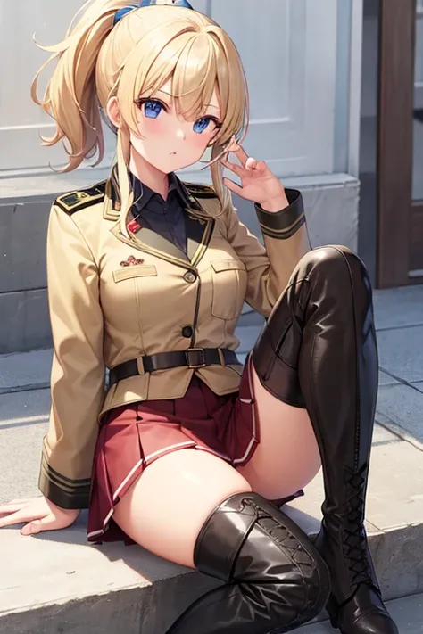  girl 、Blonde、 ponytail、 military uniform、 miniskirt、 boots