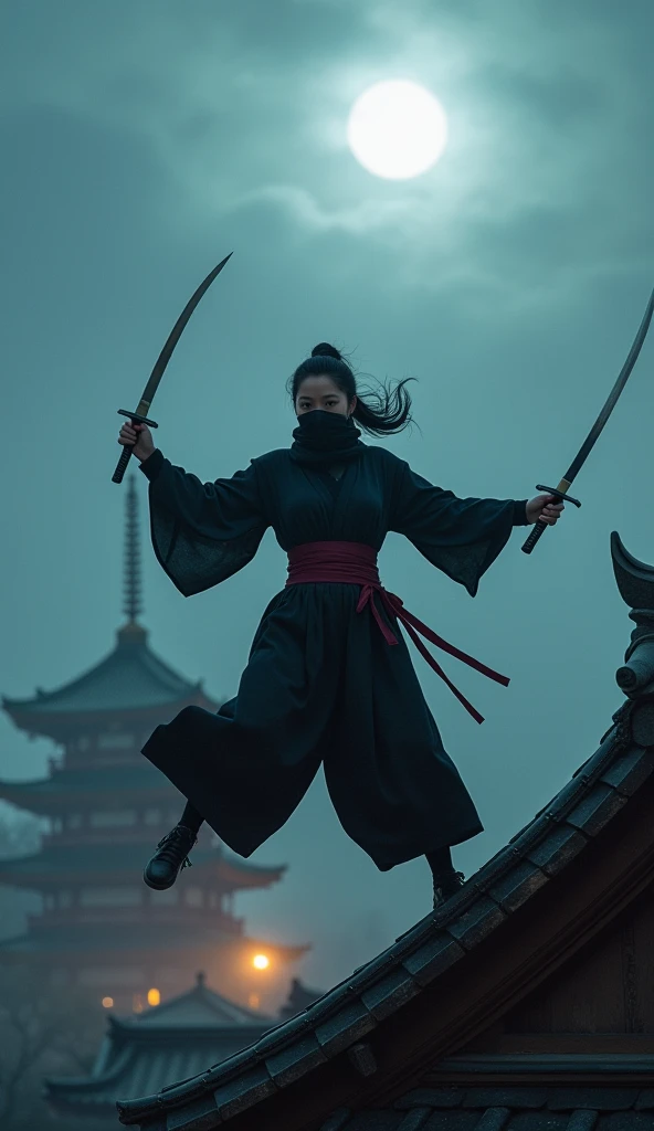 (Jump to the roof :1.8), Chinese woman holding a samurai sword,Jump with your legs on the roof，  Cover your mouth with a black scarf, (Ninja Costume),  ponytail,  dynamic posture, Facing the camera，Traditional Japanese Streetscape , Japanese castle , Thick...