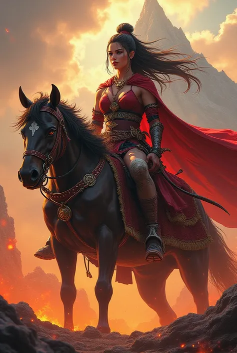 A picture of a legendary character from the game Takan 3, a fiery background and Mount Barkan
Next to him is a huge sports girl with a very realistic picture of aggression and betrayal