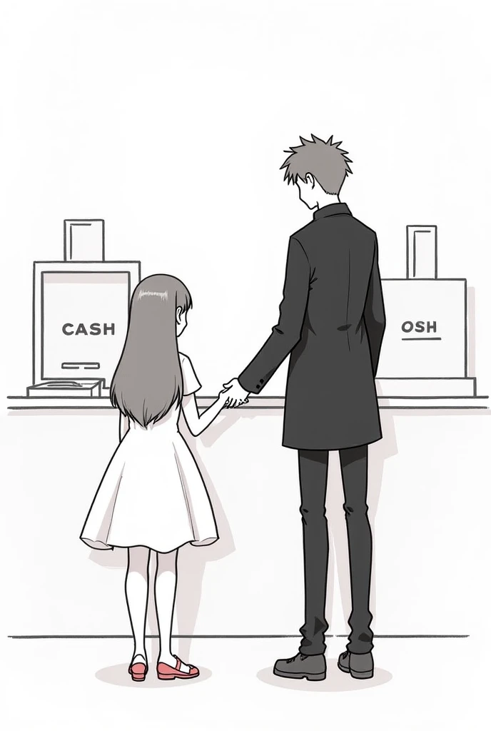 Draw a girl with long hair wearing a white dress facing the cash register of a store, holding the hand of a  boy, and a tall boy wearing a black jacket facing the cash register of the store, both seen from behind.