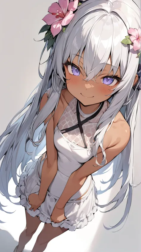 ((masterpiece, top quality )),  absurd,
Alone,  1 girl, smile, amatsukaze,  long hair,   Hair Flower,  tan, Dark Skin, swimsuit、 white background、 dutch angle 