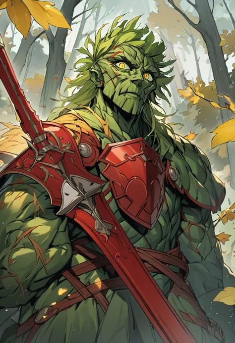 a tree man, strong, his hair made of yellow leaves, emerald green eyes, carrying a blessed sword with the appearance of He-Mans sword, red scars below the eye, an ancient medieval red armor, high definition 8k