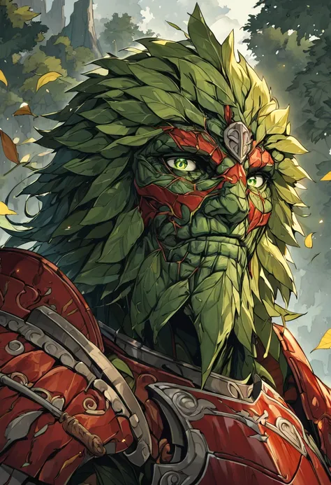 a tree man, strong, his hair made of yellow leaves, emerald green eyes, carrying a blessed sword with the appearance of He-Mans sword, red scars below the eye, an ancient medieval red armor, high definition 8k