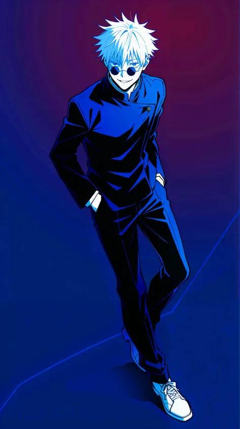 solo,1boy(satoru gojo((jujutsu kaisen:1.3),movie,student),18 years old,(white long eyelash:1.2),(bangs), black (high-school uniform:1.2),beautiful eyes,black shose,(long hair:0.5),white hair,circle-sunglasses,full body,hands in pocket,smirk, shiny glowing ...