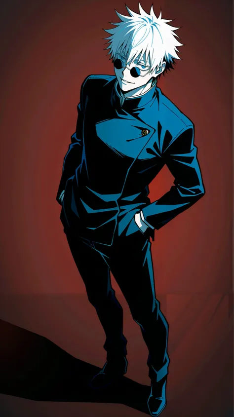 solo,1boy(satoru gojo((jujutsu kaisen:1.3),movie,student),18 years old,(white long eyelash:1.2),(bangs), black (high-school uniform:1.2),beautiful eyes,black shose,(long hair:0.5),white hair,circle-sunglasses,full body,hands in pocket,smirk, shiny glowing ...