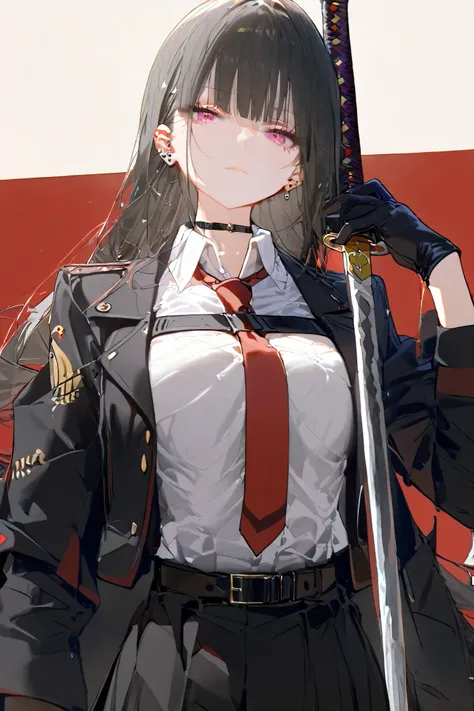 1girl, weapon, necktie, solo, sword, long_hair, black_hair, holding, shirt, looking_at_viewer, holding_weapon, jacket, white_shirt, red_necktie, holding_sword, collared_shirt, katana, black_jacket, choker, bangs, red_background, piercing, closed_mouth, ear...