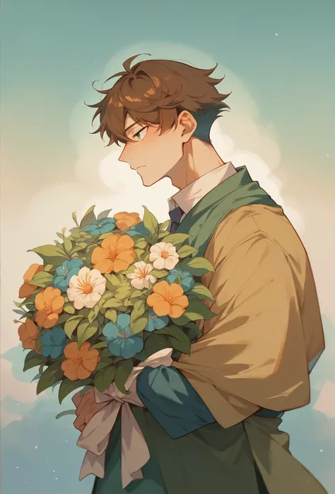 9. Profile of a young man with good style、，Gives a sense of calm and clarity、The background is green and monochromatic watercolor、A bouquet of flowers is attached。