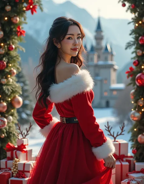 Portrait, A beautiful Korean Beauty in Santa Clause Dress code, she is 23 year old, she is standing Near her House,(she has big breast, thin waist, big butt, curvy body) very modern, perfect anatomy(Perfect facial features), She is very lovely, she is wear...