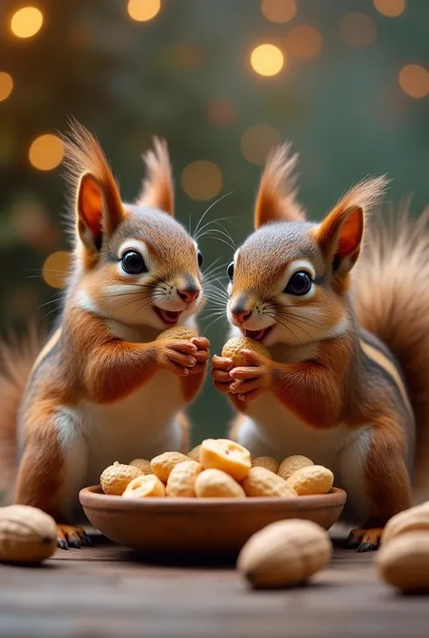 Two squirrels sharing peanuts in shell, Christmas, cozy, colorful lights, front angle shot, depth of field, ultra realistic, soft lighting, 8k, cinematic,
