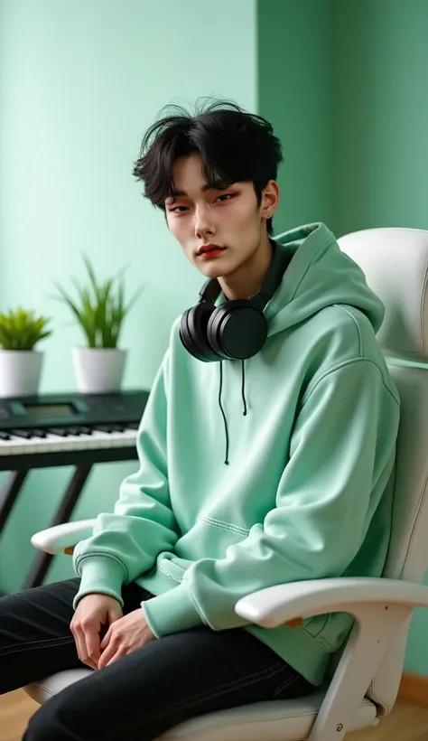 Prompt da imagem:

A 22-year-old Korean boy with slightly messy black hair framing his symmetrical face. He has a defined nose and lips, and his expression conveys a calm focus as if hes immersed in his creative work. His facial features are strikingly det...