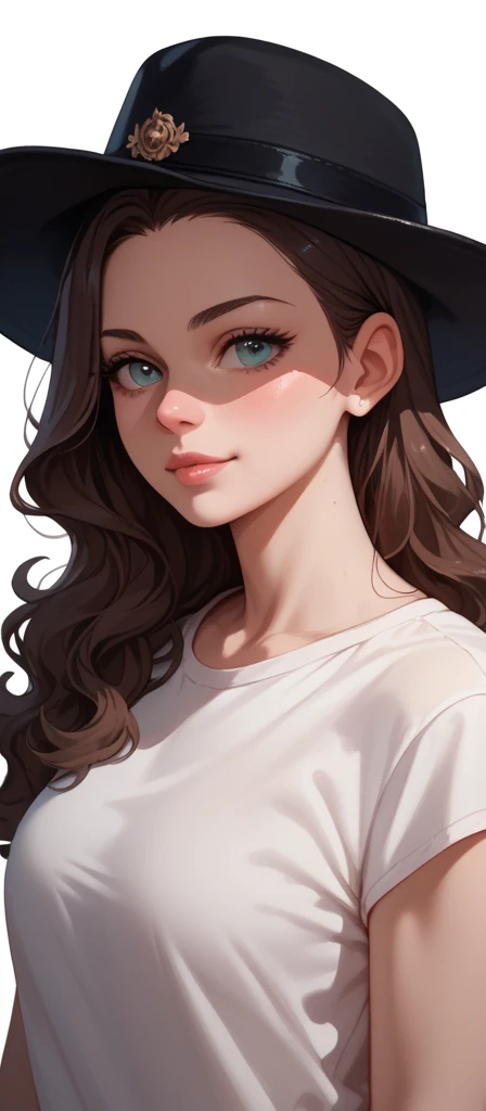  Portrait of a fair-skinned girl, wearing black hat and shirt ,  wavy brown hair