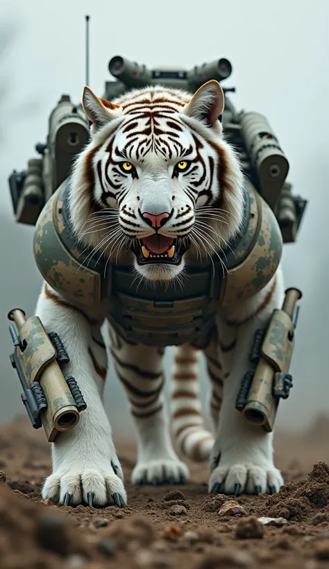 "A powerful hybrid creature that merges the majestic white tiger with the intimidating features of a military vehicle. The creature has the sleek, muscular body of a white tiger with its signature fur, but the fur is reinforced with military-grade armor pl...