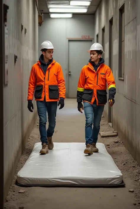 Dans un couloir, des jeunes hommes en tenue de chantier et chaussures boueuses, marchent et piétinent un tee-shirt jeté sur un matelas jeté par terre sous leurs pieds. Lez pieds sur le matelas plein de boue.