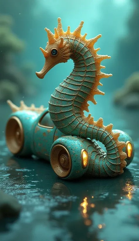 A whimsical car inspired by a seahorse, featuring a curled tail-like spoiler, intricate patterns on the sides, and a narrow, elegant frame in gold and aqua hues."