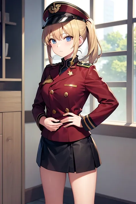  girl 、 standing picture 、Blonde、 ponytail、 military uniform、 miniskirt、 boots