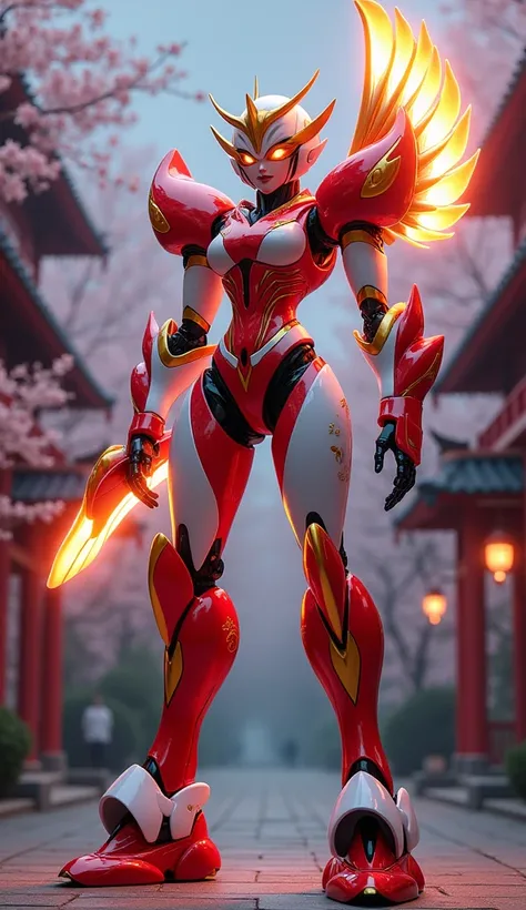 A massive warbot inspired by Mai Shiranui features sleek, curvaceous plating in vibrant red and white, with golden accents that mimic the flowing patterns of her iconic outfit. Its design incorporates elegant, flame-like details on its arms and shoulders, ...