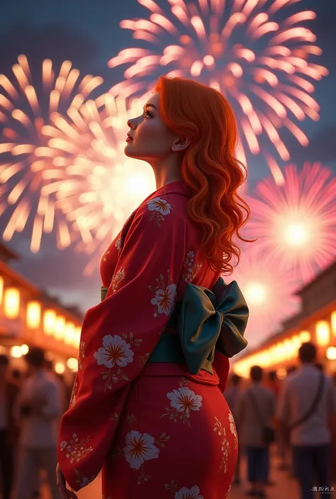 Nami big breasted orange hair wearing a yukata dress Japanese dress admiring the fireworks for the New Year festival party