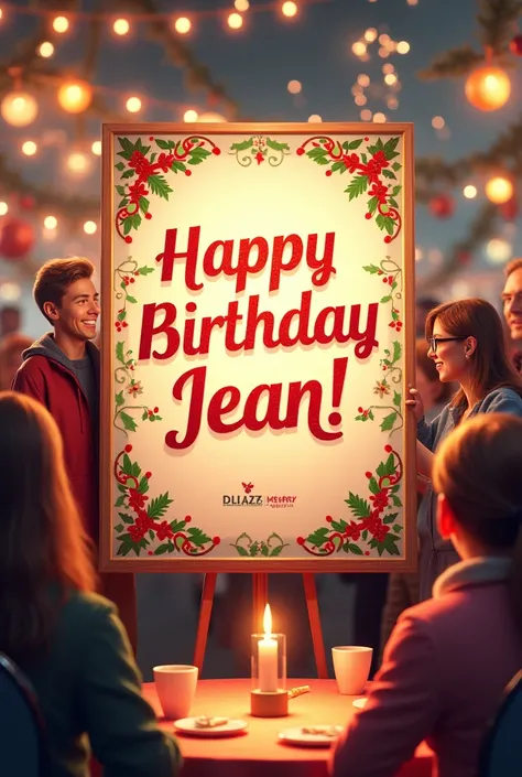  Happy birthday and merry Christmas image for Jean.
 Party scenario with large poster with the phrase :  Happy birthday Jean !