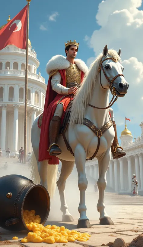 A young king, riding a white horse, in front of a magnificent white palace, with a red flag attached to the roof of the palace by a wooden pole, whose horse kicked a cauldron on the fire and overturned, and yellow porridge spilled out of the cauldron.