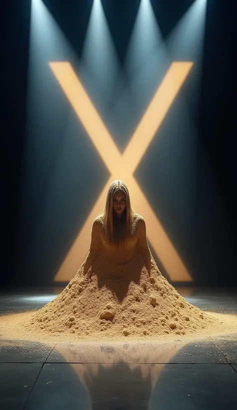 "At the center of a grand stage, brightly illuminated by powerful spotlights and framed by the iconic glowing X symbol in the background, stands an ominous mound of sand, shaped in the vague form of a human figure. The sand is finely textured, with individ...