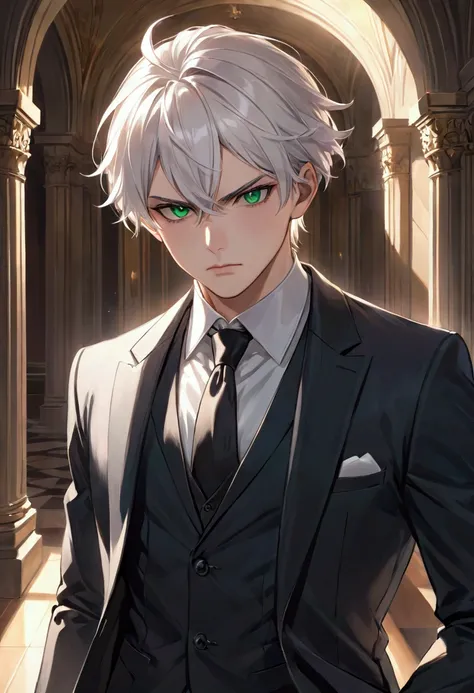 Create a young white-haired boy ,  green eyes,  dressed in a suit and with a serious expression 