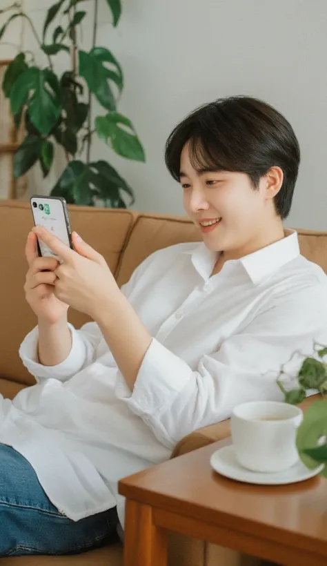 Character Settings: 30-year-old male、 dressed casually（ white shirt and jeans ）、 has short hair and looks clean 。
background:  bright living room 、Wooden furniture、 a room with foliage plants 。
 pose: Sitting on the sofa、 smiling while looking at the smart...