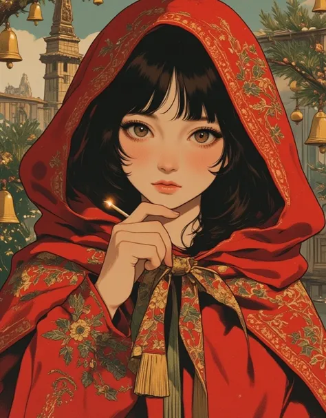 Beautiful girl in classic red Christmas hooded cloak for the holidays, The Little Match Girl, She was selling matches barefoot in the cold without any shoes on, The girl lit a match to try to get a little warmer. Background of a bell tower with hanging gol...