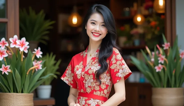 Beautiful Indonesian girl with white skin, black hair, 28 years old, ideal body shape, 36/38 breast size, firm buttocks, medium calves, slender and smooth neck, the most beautiful eyes, sexy thin lips. Traditional Balinese kebaya suit Separate Slim Fit tra...