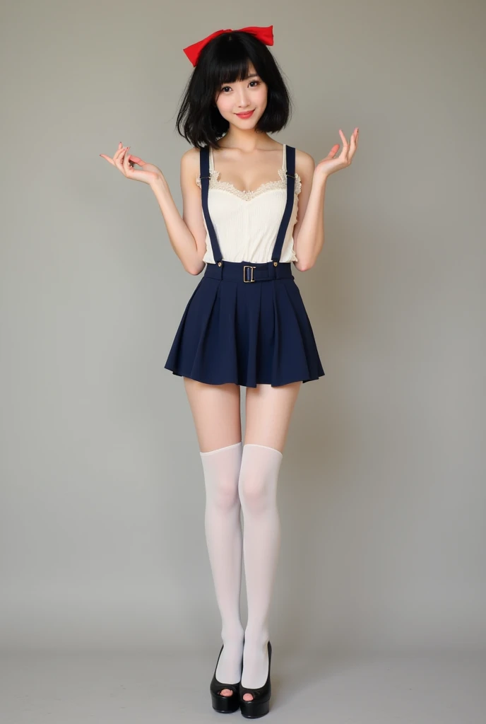 Real photograph, Real human face. Short bob black hair. Red bow tie in hair. Full body visible.
Young junior  beautyfull and sexy skinny very petite japanese Idol. 
Fine, angelic, youthful and realistic face. Makeup, eyeliner, long eyelashes, big sensual e...