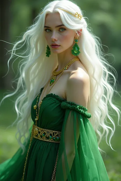  long white hair with bright green tones , deep green eyes like forests ,  and an ethereal beauty that reflects her connection with nature .  She wears a flowing green dress that recalls flora ,  adorned with mystical earrings that expand her strength ,  a...