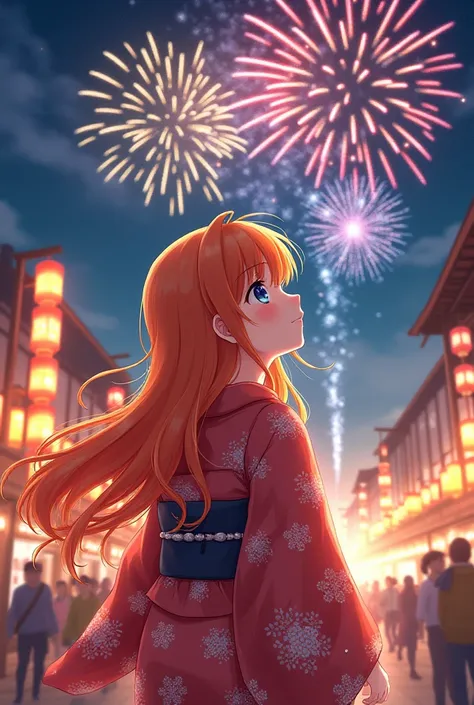 Nami orange hair anime character wearing a yukata suit Japanese dress admiring the fireworks for the New Year festival party