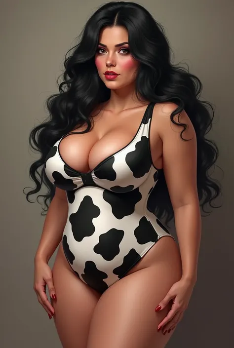 ((plumpy woman)), ((bbw)), (tall), (milf), thicc, puffy cheeks, plump face, curvy nose, long black hair, beautiful, big boobs, wide hips, wearing cow print spandex body suit with small heels, lipstick, eyeshadow, (realistic)