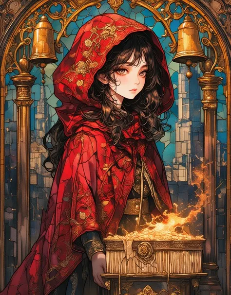 Beautiful girl in classic red Christmas hooded cloak for the holidays, The Little Match Girl, She was selling matches barefoot in the cold without any shoes on, The girl lit a match to try to get a little warmer. Background of a bell tower with hanging gol...