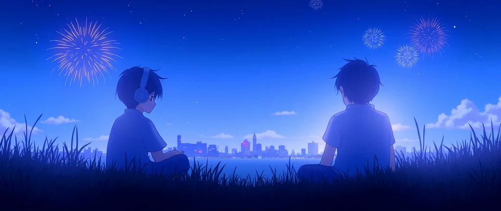 "Create an anime-style image of a character sitting on the grass at night, wearing headphones and gazing at a distant city illuminated by vibrant New Year fireworks. The character has a nostalgic and introspective expression, surrounded by the peaceful glo...