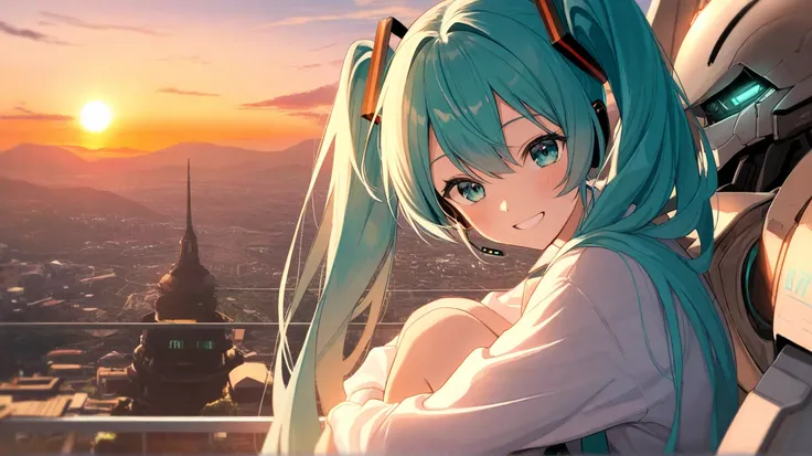 Smiling Hatsune Miku sitting on the shoulder of a giant robot while watching the sunset, vibrant,looking at viewer, masterpiece,  Very Aesthetic Masterpiece,  top quality ,