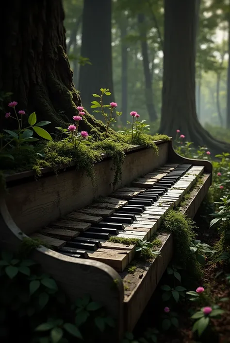 poetic image of a destroyed piano keyboard abandoned to nature