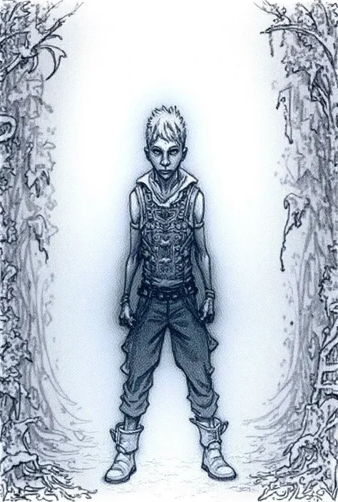 MAKE ME A IMAGE LIKE THIS A SIMPLE BOY STAND ON JUNGLE HIS CLOTHES LIKE LEATHER OR FACE IS ANGRY CHANGE THIS IMAGE TO SKETCH