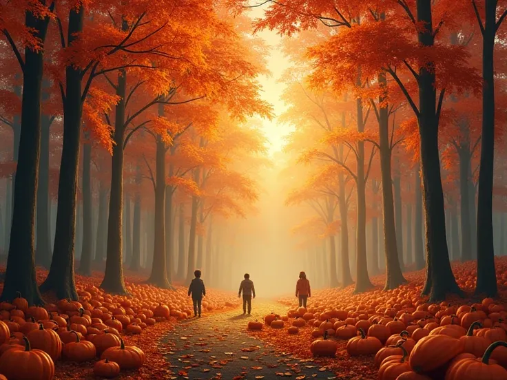 "An autumn forest filled with tall trees in shades of red, orange, and yellow. Leaves fall gently to the ground, where ren are playing in piles of crunchy leaves. A pumpkin patch in the corner of the scene glows warmly, with a soft golden light illuminatin...