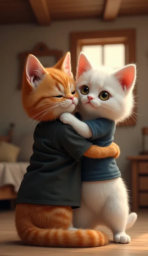  realistic image of a small white fluffy kitten wearing a dark blue t-shirt, The little kitten hugs the big orange cat who wears a black t-shirt lovingly, inside the small cottage 