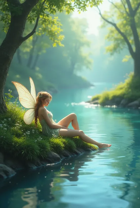 Make a ptrophile photo for youtube channel of a fairy sleeping on a beautiful cool and soothing river