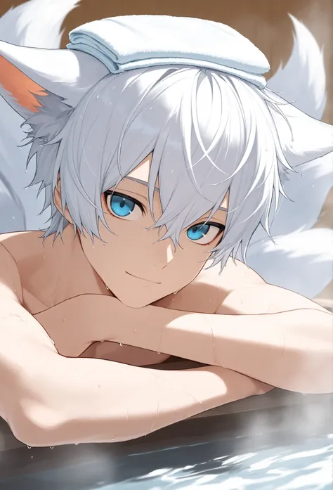 1boy, fox tail, multiple tails, white hair with blue in front, short hair, animal ears, masterpiece, blue eyes, kitsune, light smile, bathing, towel on head, water, partially submerged, steam, close-up, portrait, open mouth, wet, arm rest, looking at viewe...