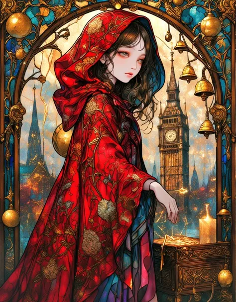 Beautiful girl in classic red Christmas hooded cloak for the holidays, The Little Match Girl, She was selling matches barefoot in the cold without any shoes on, The girl lit a match to try to get a little warmer. Background of a bell tower with hanging gol...