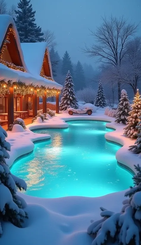 “A magical swimming pool filled with snow that doesn’t melt, sparkling under Christmas lights and decorations, creating a winter wonderland.”