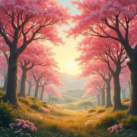 forest theme pink cherry trees yellow ipê trees, realistic art in high resolution and high quality.