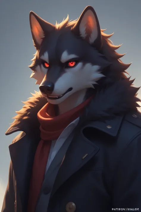  red eyes, Black Wolf, black coat, looking at camera,cool