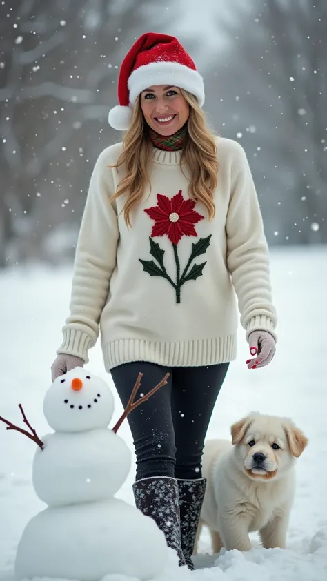 (photorealism:1.2), beautiful mature woman, looking to the viewers, a bit smile, christmas, wearing white sweater flower motif and black pants, hand gloves, santa hat, a shoulder long hair,playing the snows, out doors, cute white dogs, snowman