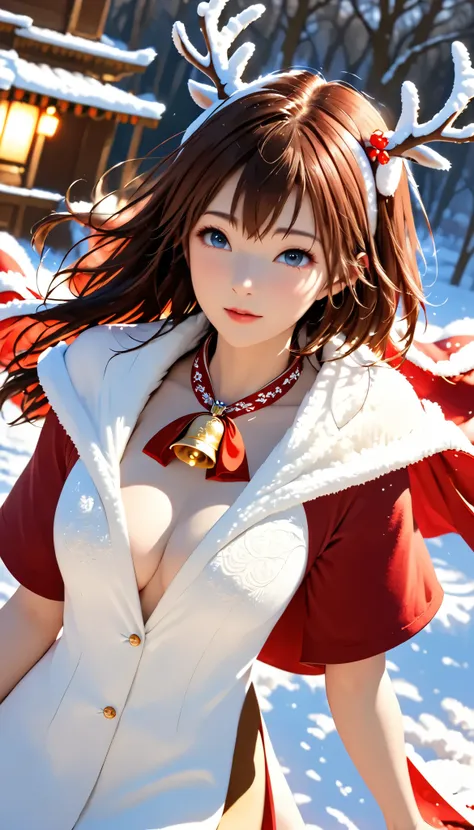 realistic photos odebt (1 cute Korean actress )  shoulder-length hair , light makeup, ,(natural breasts:1.2), (Uplifted and well-defined bust:1.2), ,  With the coat on  ,  (Red Cloak:1.5), (Red Bell on neck:1.5), reindeer antler headband, In the snow, clea...