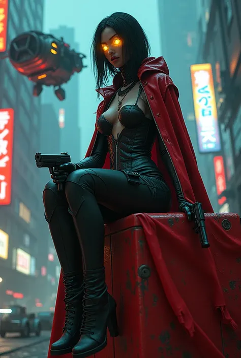 A girl, wearing a black-red glowing techpunkmask with yellow eyes shining, dressed sexy, with a futuristic pistol hanging from the left and right of her waist, a mechanical prosthesis in her right hand, a red torn cloak swaying in the wind, next to a small...