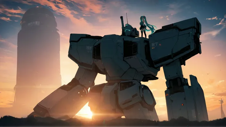 Smiling Hatsune Miku standing on the shoulder of a giant robot while watching the sunset, vibrant,looking at viewer, masterpiece,  Very Aesthetic Masterpiece,  top quality ,